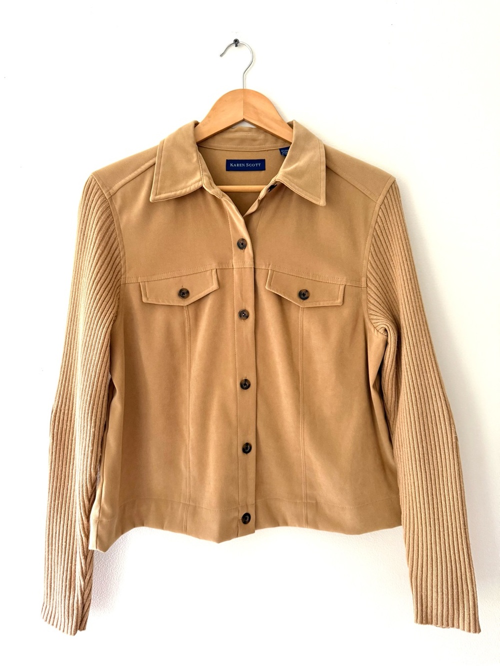 Karen Scott Mixed Media Faux Suede Camel Ribbed Knit Sleeve Shacket Jacket M - Picture 2 of 10